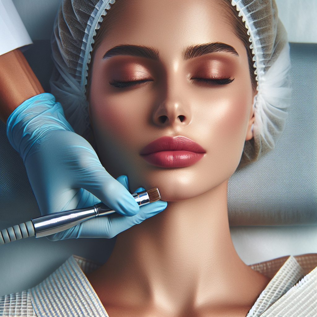 A close-up view of a woman receiving a vampire facial treatment in a modern spa setting