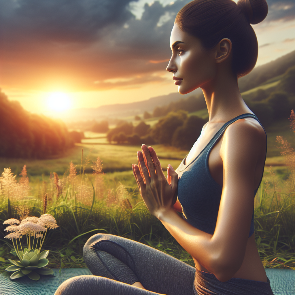 A serene woman practicing yoga outdoors at sunset, surrounded by nature
