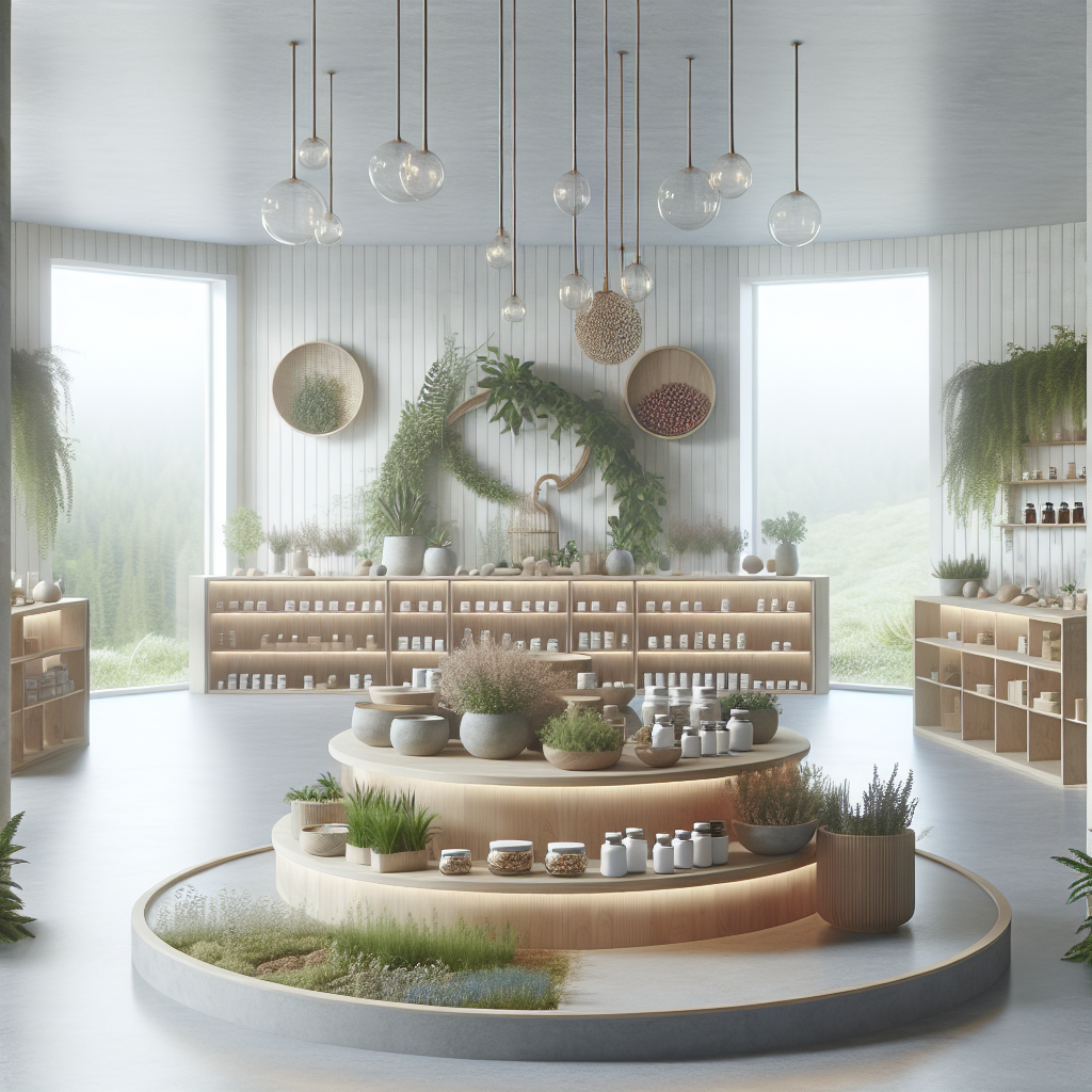 A serene wellness center with natural elements, showcasing holistic treatments like herbal supplements and bioidentical hormone therapy