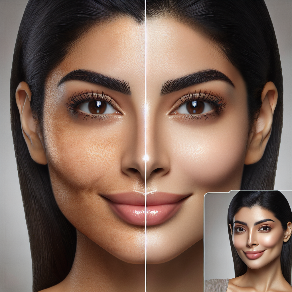 A before-and-after collage showcasing the results of a PRP facial treatment on a woman's face