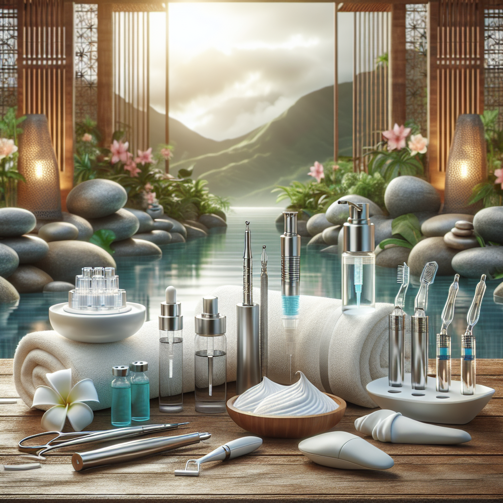 A serene spa setting showcasing various anti-aging treatments including PRP facials, microneedling tools, and chemical peel products