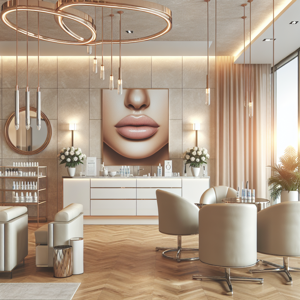 A chic and modern aesthetic clinic interior with a focus on lip filler treatments, showcasing a welcoming atmosphere