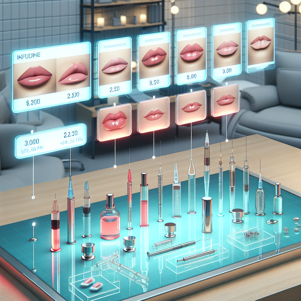 A visual representation showing different types of lip fillers with price tags, featuring a modern aesthetic clinic setting