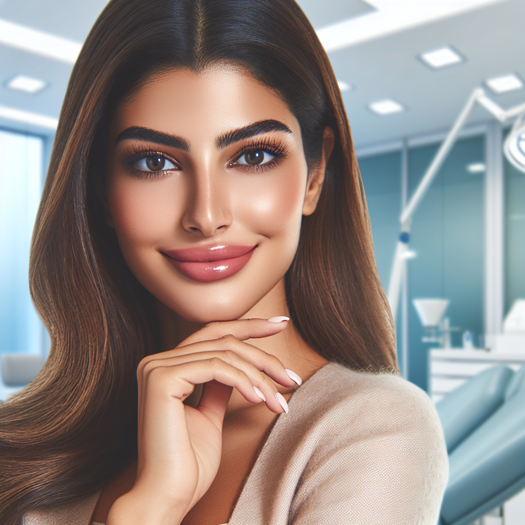 A beautiful woman smiling with full lips in a modern cosmetic clinic setting