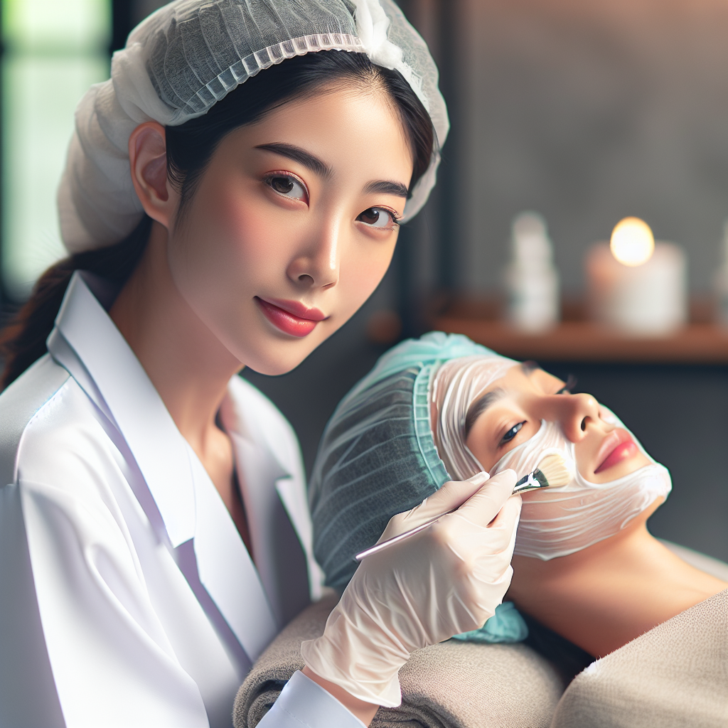 Aesthetician applying VI chemical peel on client's face in a serene spa environment