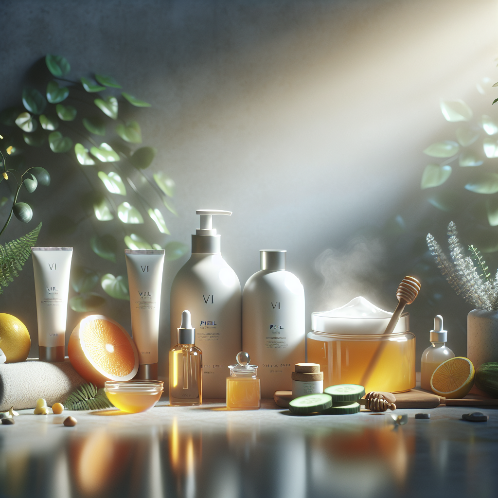 A serene spa setting with skincare products including VI Peel bottles and fresh ingredients used in peels