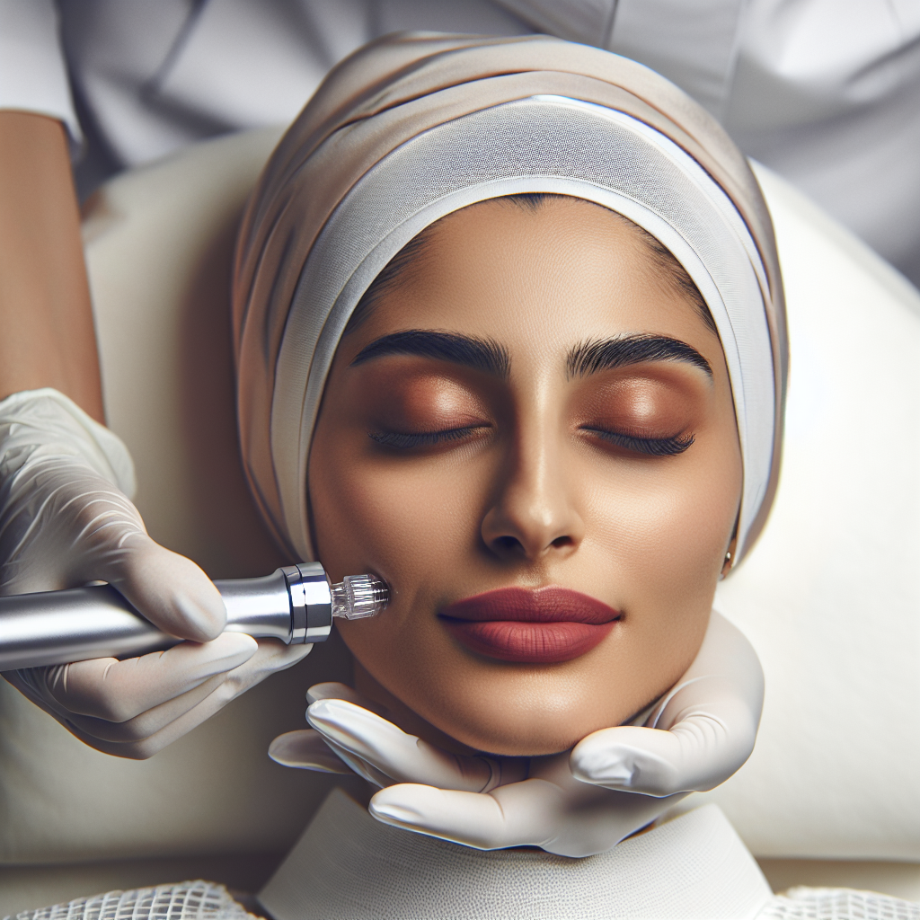 A close-up image of a woman receiving facial microneedling treatment in a modern spa setting, showcasing the process and equipment used.