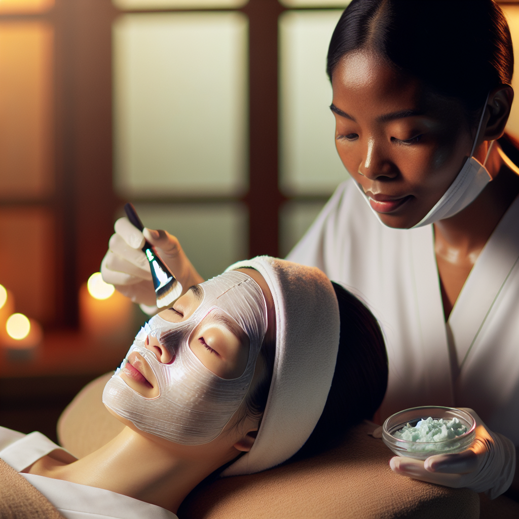 A serene spa environment with soft lighting where a woman is receiving a VI chemical peel treatment by an aesthetician