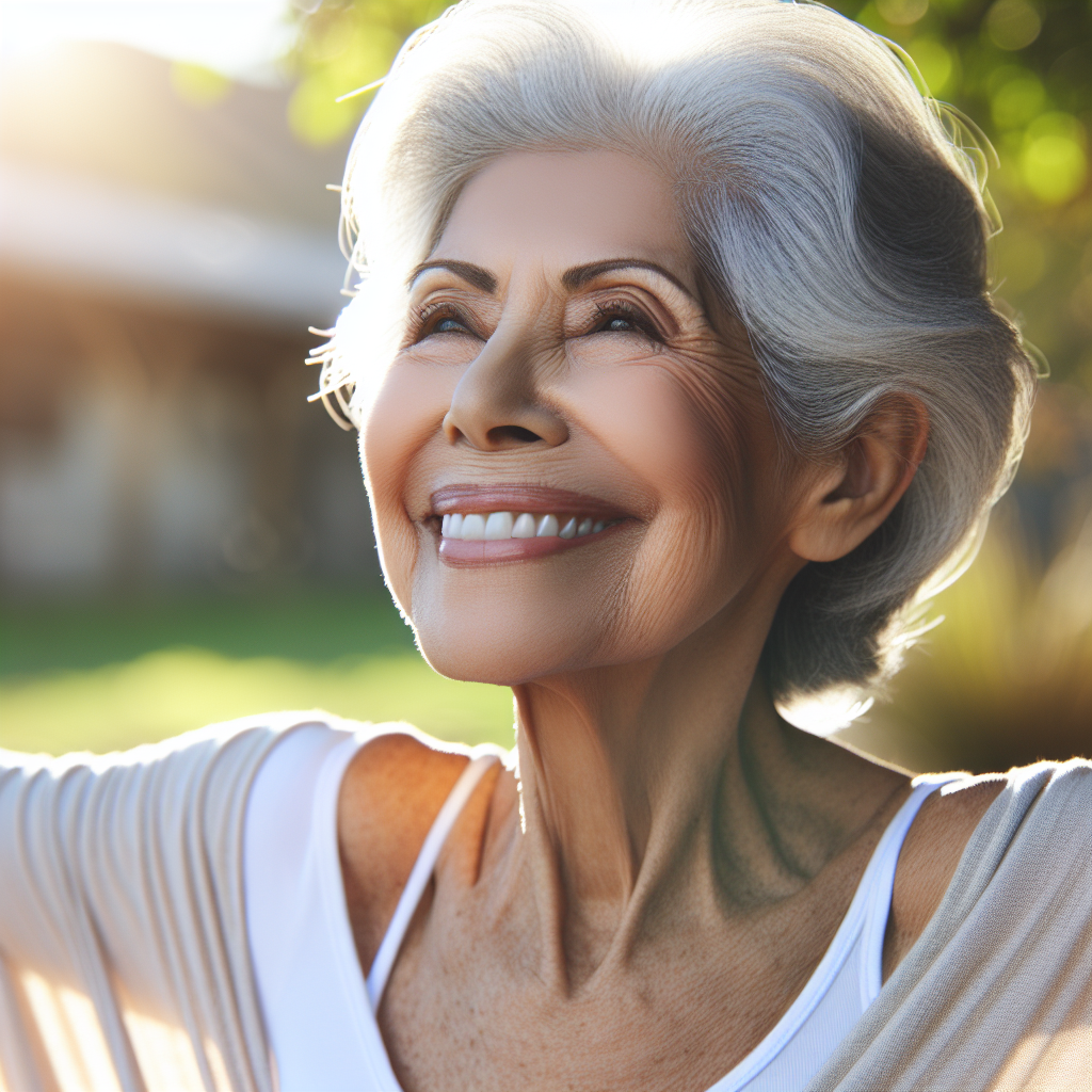 A vibrant woman enjoying life outdoors with a smile, symbolizing vitality and wellness