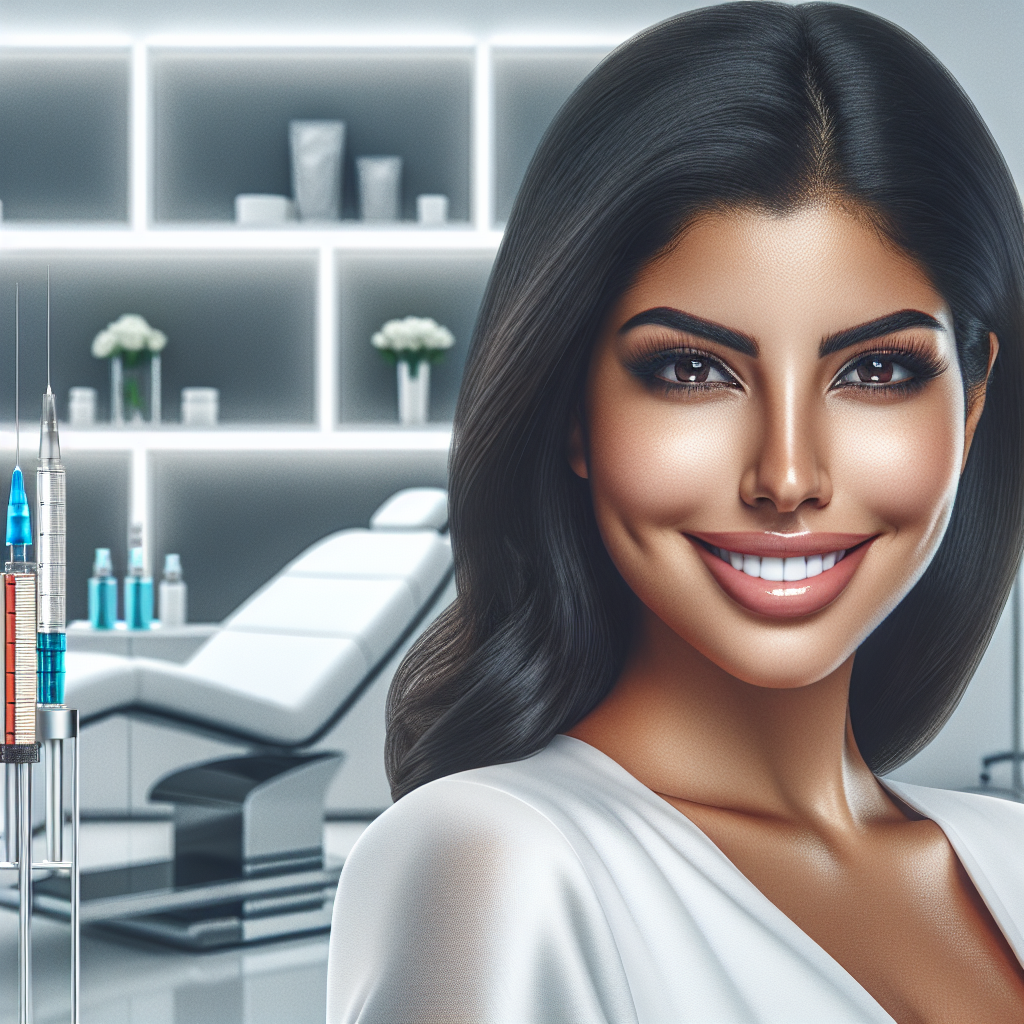 A vibrant woman smiling confidently while receiving a Botox treatment at a modern clinic