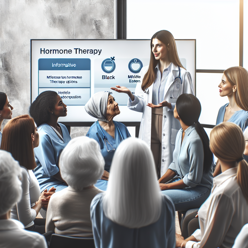 A diverse group of women discussing hormone therapy options in a modern clinic setting