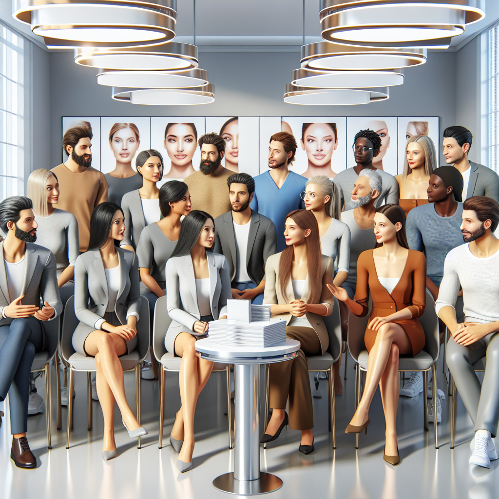 A diverse group of people aged 25-50 discussing beauty treatments in a modern clinic setting