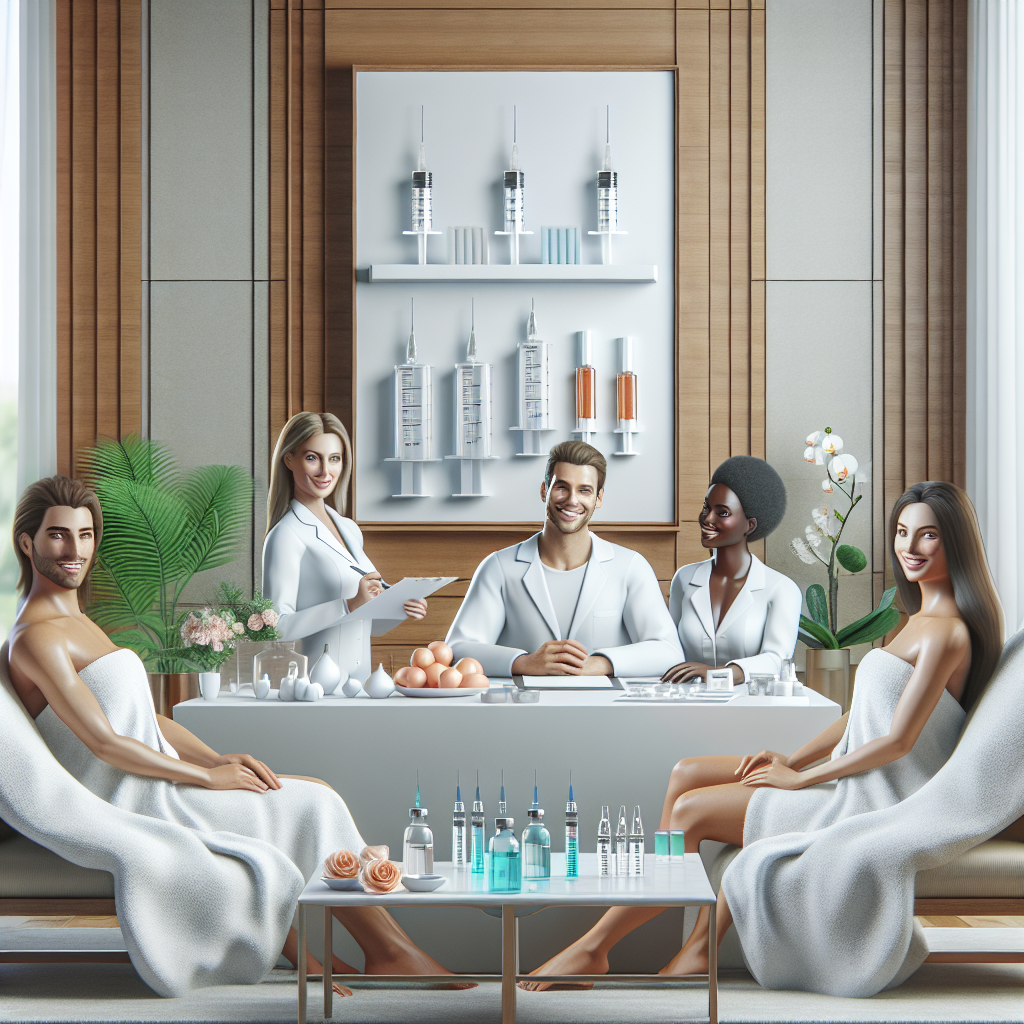 A serene spa environment showcasing advanced skincare treatments including botox injections, with happy clients receiving consultations from friendly professionals