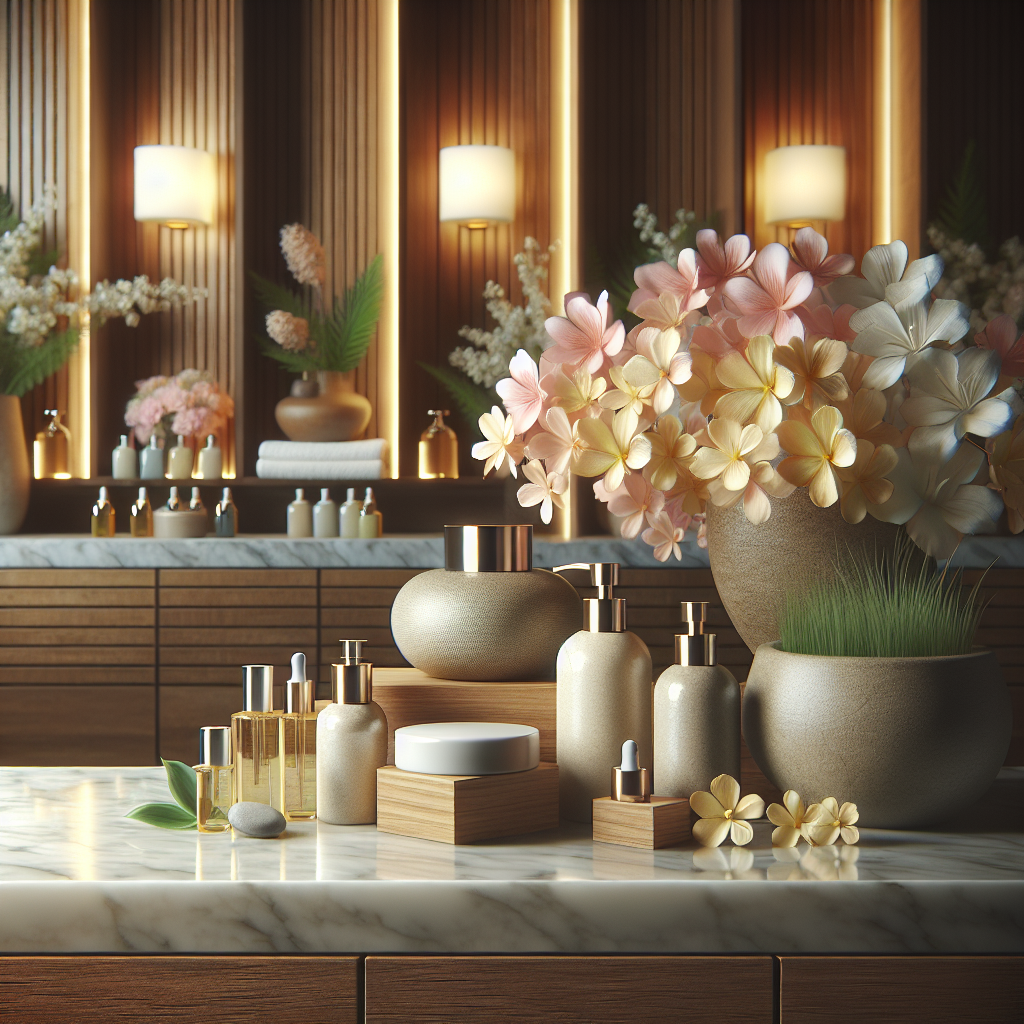 A serene spa setting with soft lighting showcasing skincare products and fresh flowers