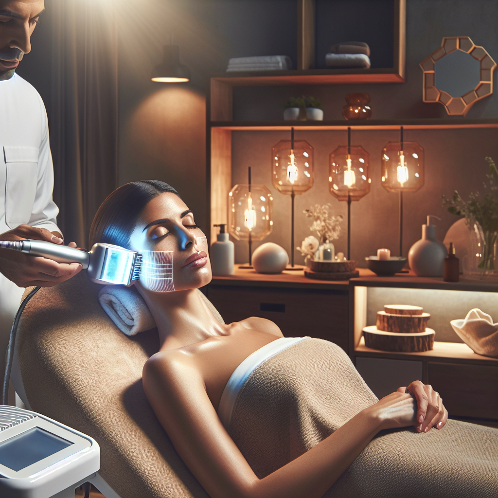 A serene spa setting with advanced skincare technology being used on a client