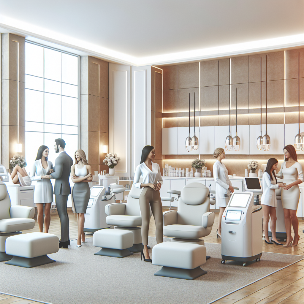 A modern aesthetic clinic interior showcasing various non-surgical skin tightening treatment options with happy clients