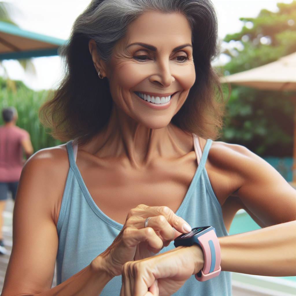 A middle-aged woman happily exercising outdoors while checking her fitness watch