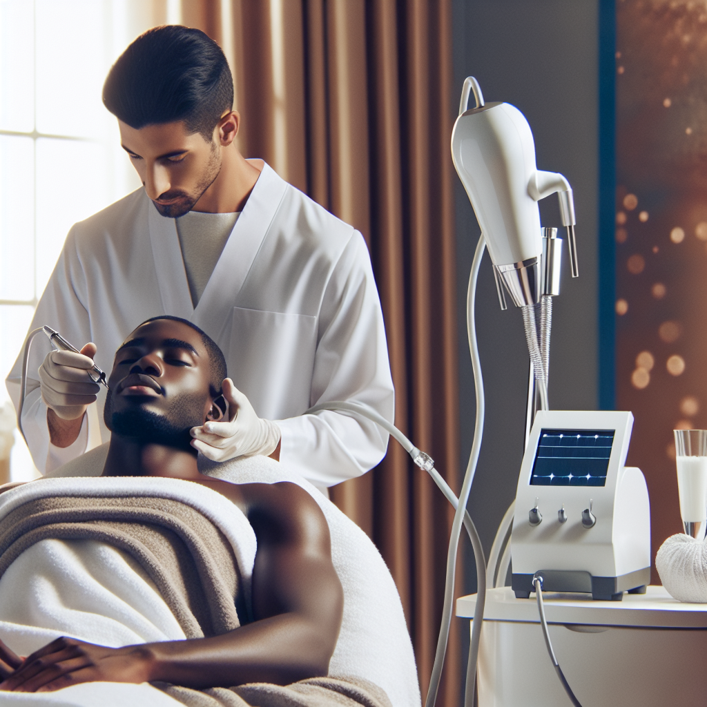 A serene spa setting with advanced radiofrequency skincare equipment in use by an aesthetician on a client