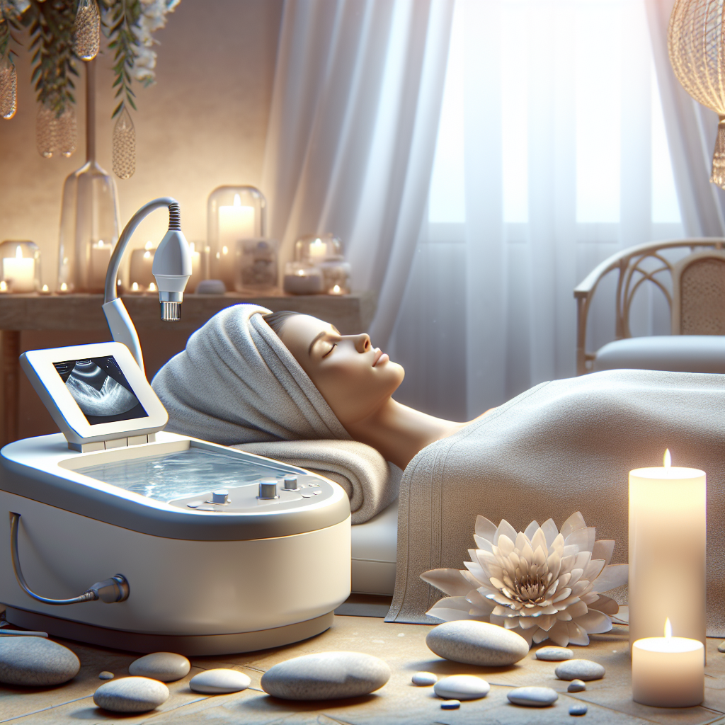 A serene spa scene featuring an ultrasound therapy device being used on a client's face, with soft lighting and calming decor