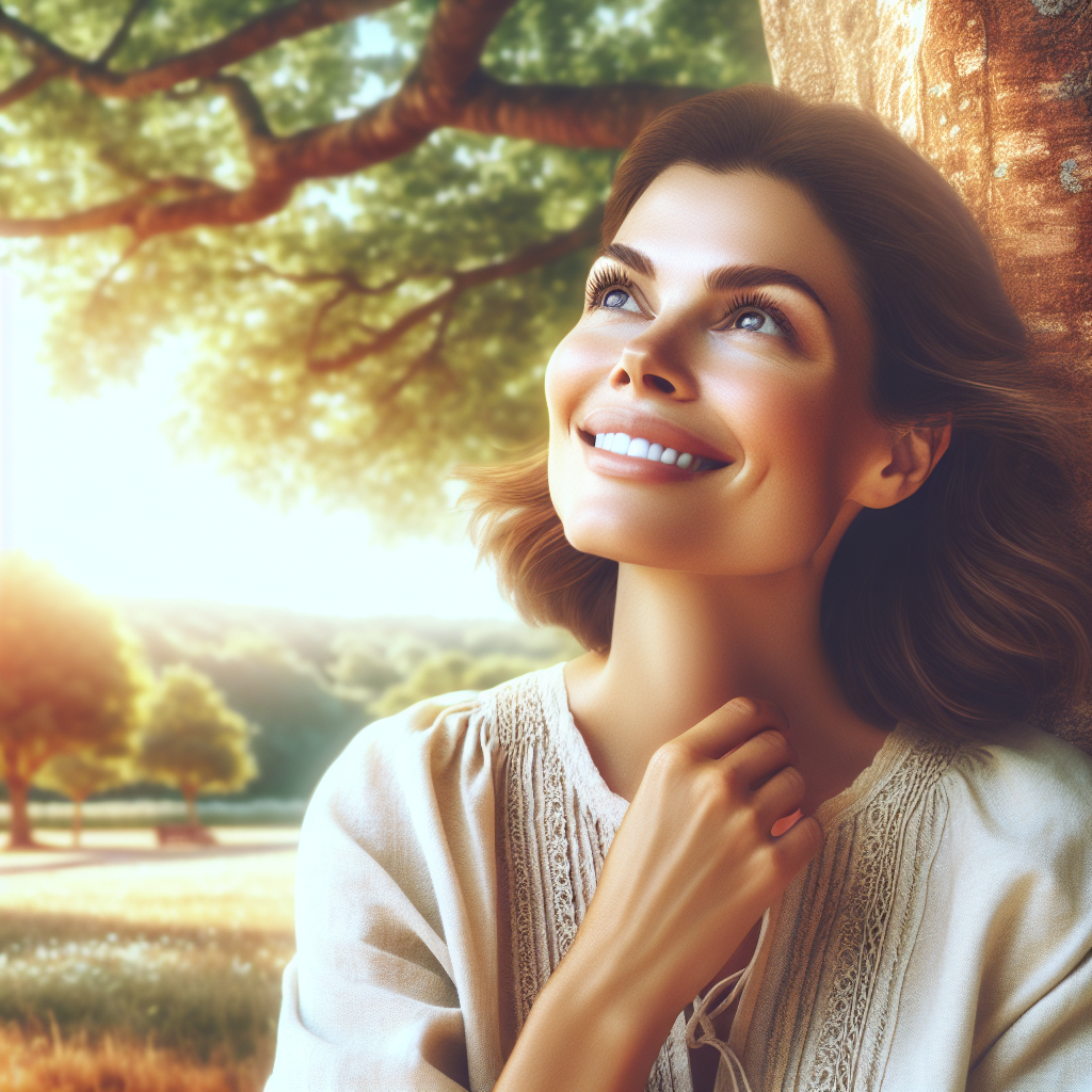 A serene scene depicting a woman enjoying life after hormone replacement therapy, vibrant and healthy in a natural setting