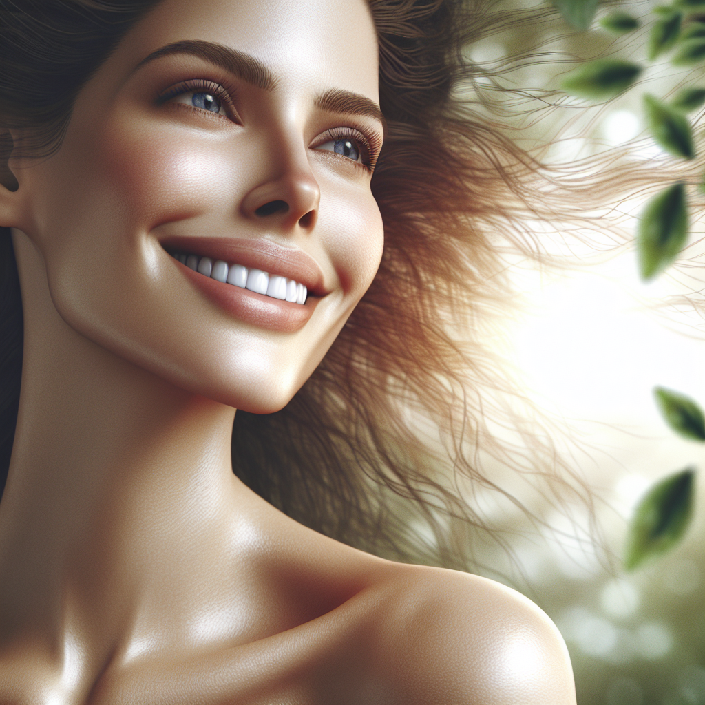 A serene woman enjoying nature with a bright smile, representing vitality and wellness after hormone replacement therapy
