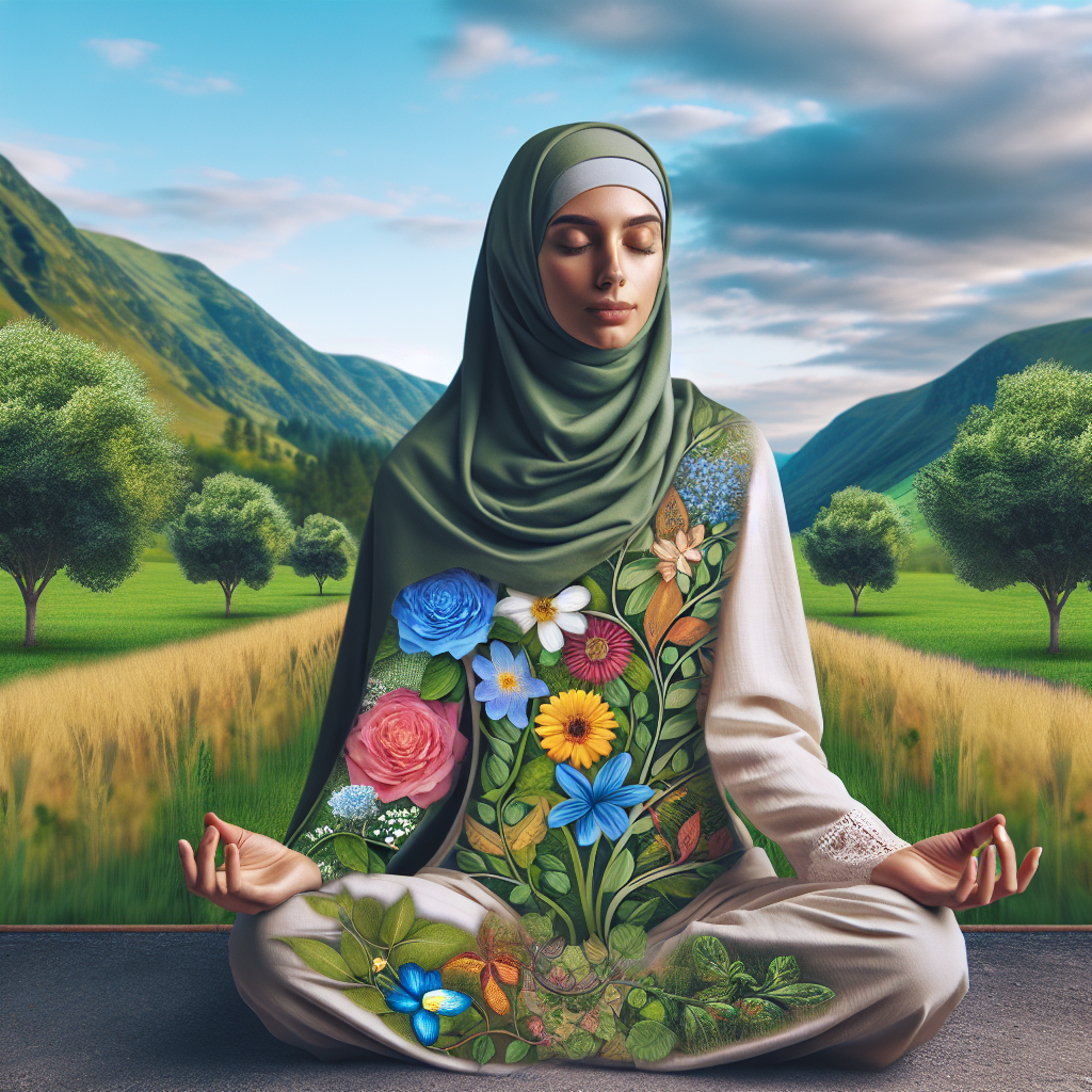 A serene woman meditating outdoors with vibrant nature around her, symbolizing cognitive clarity and emotional well-being from hormone therapy