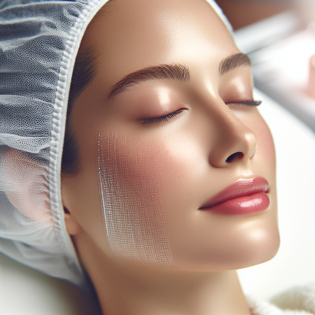 A close-up of a woman's face undergoing microneedling treatment in a modern spa setting