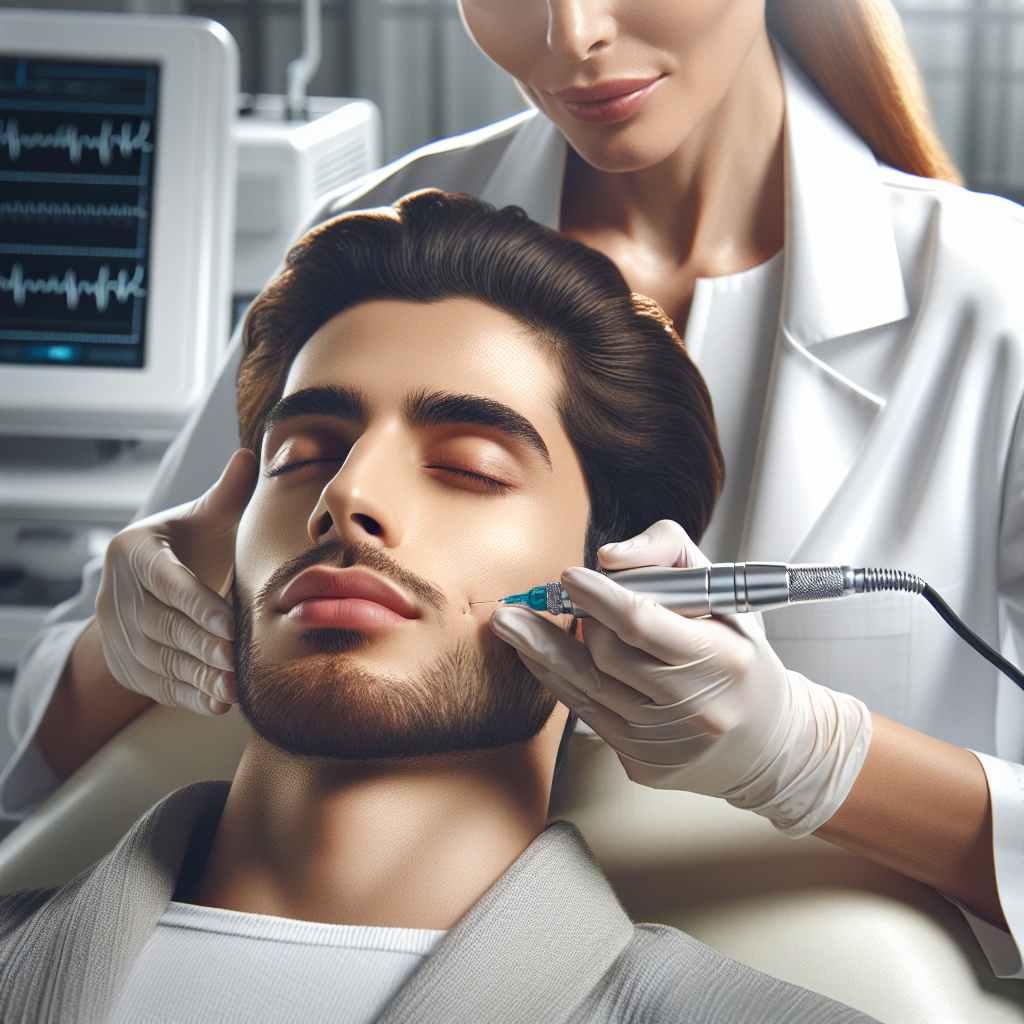 A close-up view of a dermatologist performing microneedling on a patient's face in a modern clinic setting