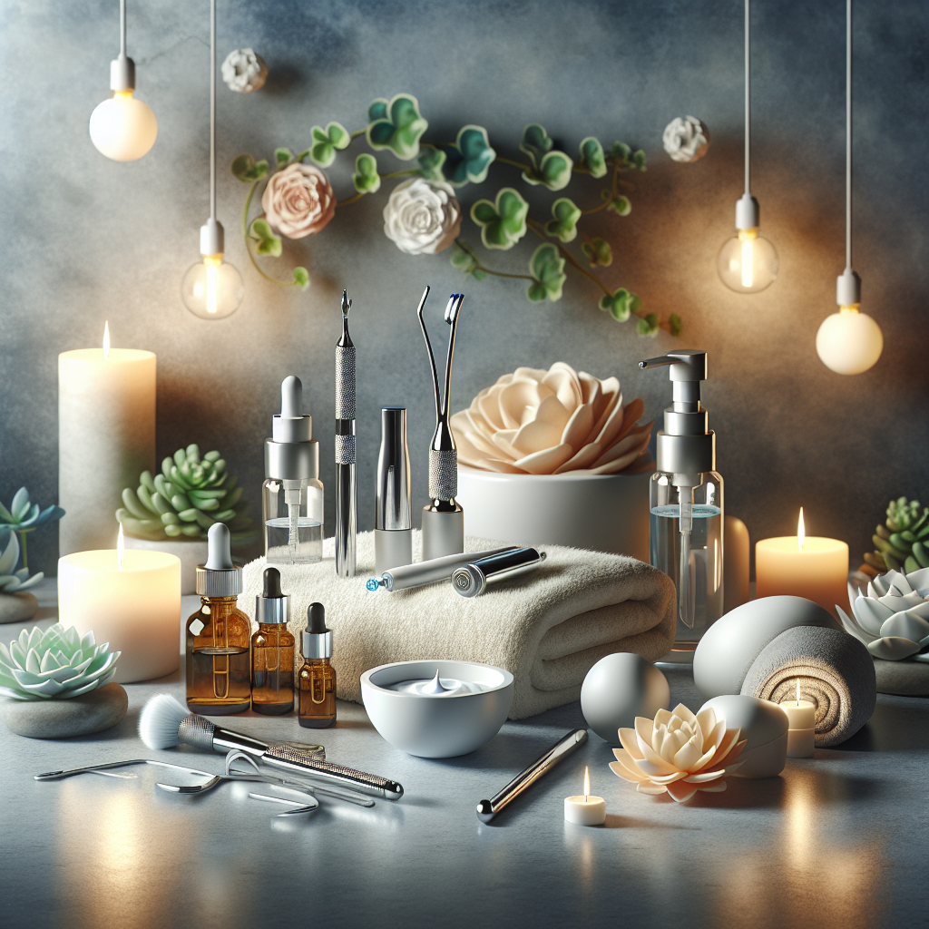 A serene skincare setup featuring microneedling tools, serums, and a soothing environment