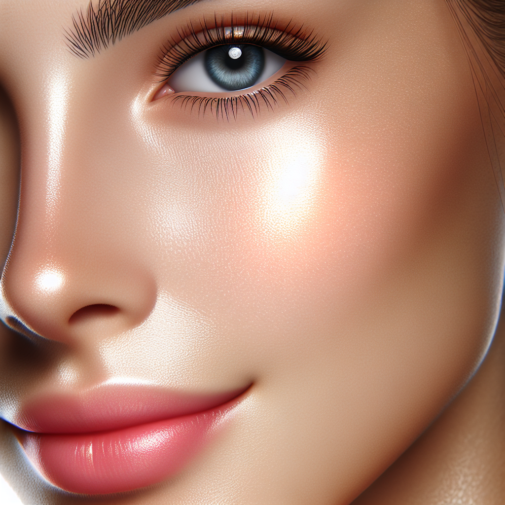 A close-up of a woman's face with visibly minimized pores after using skincare products