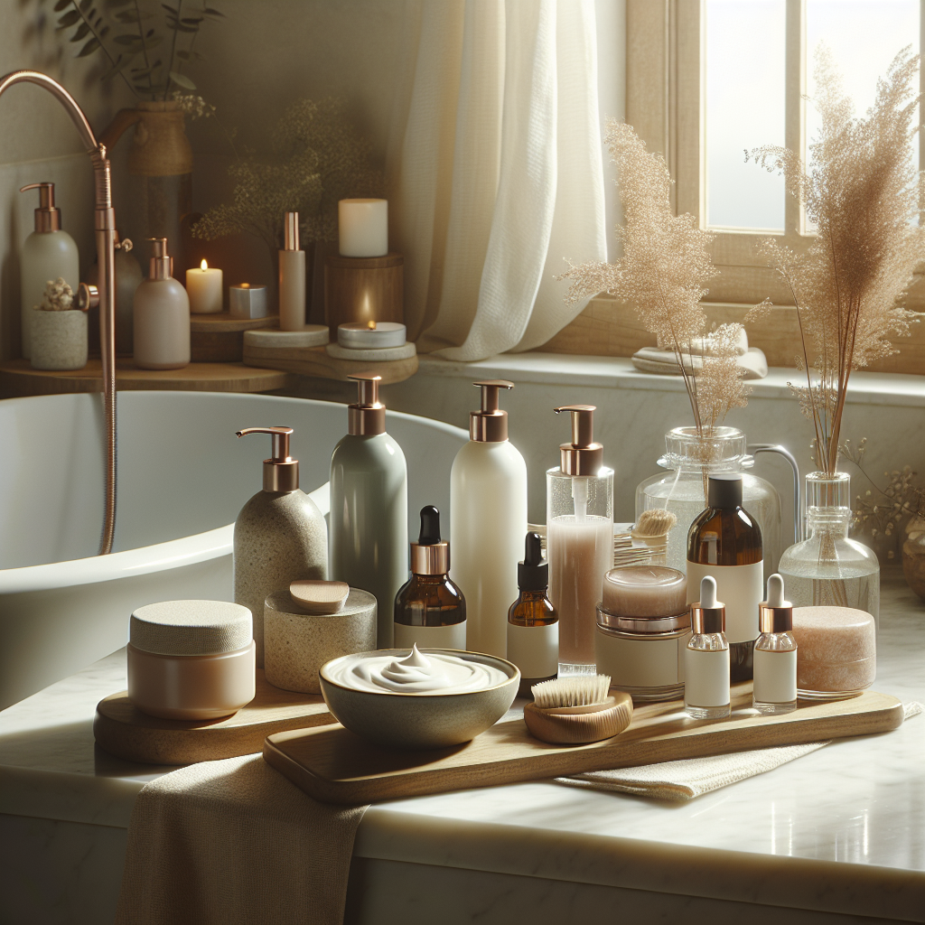 A serene bathroom scene featuring various skincare products including chemical exfoliants, gentle scrubs, and hydrating serums arranged aesthetically