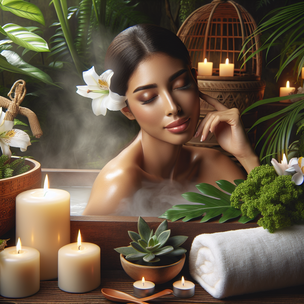 A serene spa setting with a woman enjoying a facial steam treatment, surrounded by calming candles and plants