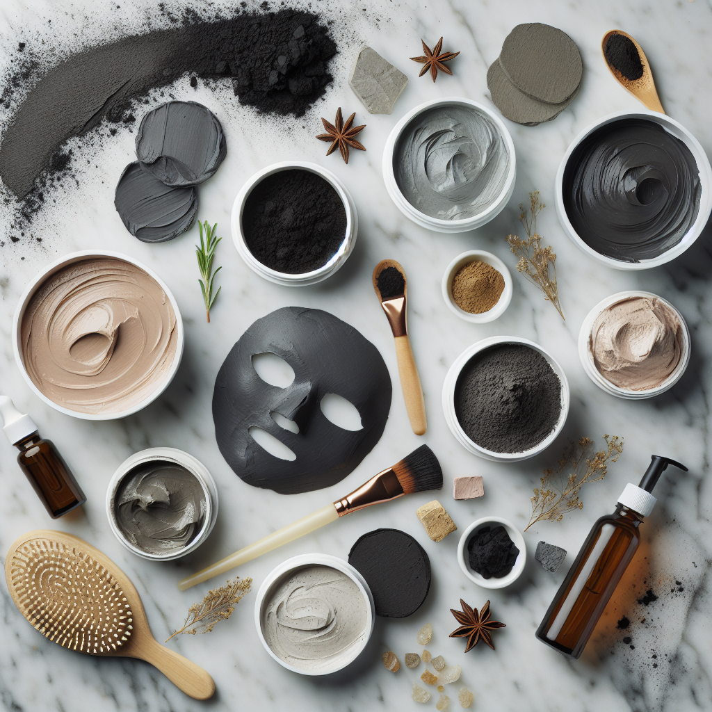 A flat lay of various clay and charcoal face masks with natural ingredients on a marble background