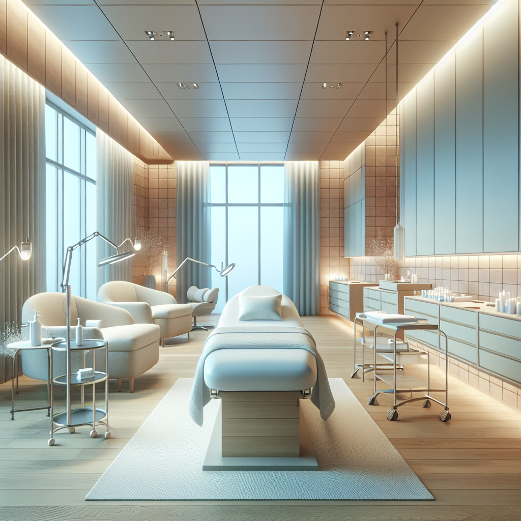 A serene interior view of a modern medical spa with soothing colors and comfortable treatment rooms