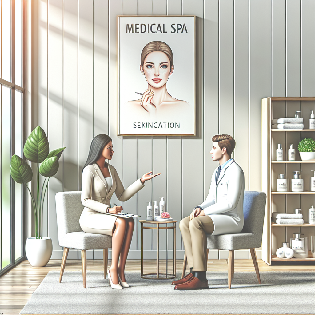 A bright and inviting medical spa consultation room with an esthetician discussing skincare plans with a client