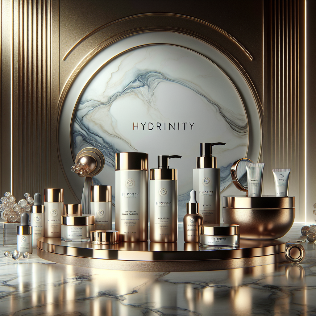 A luxurious skincare scene featuring Hydrinity products on a marble countertop with soft lighting