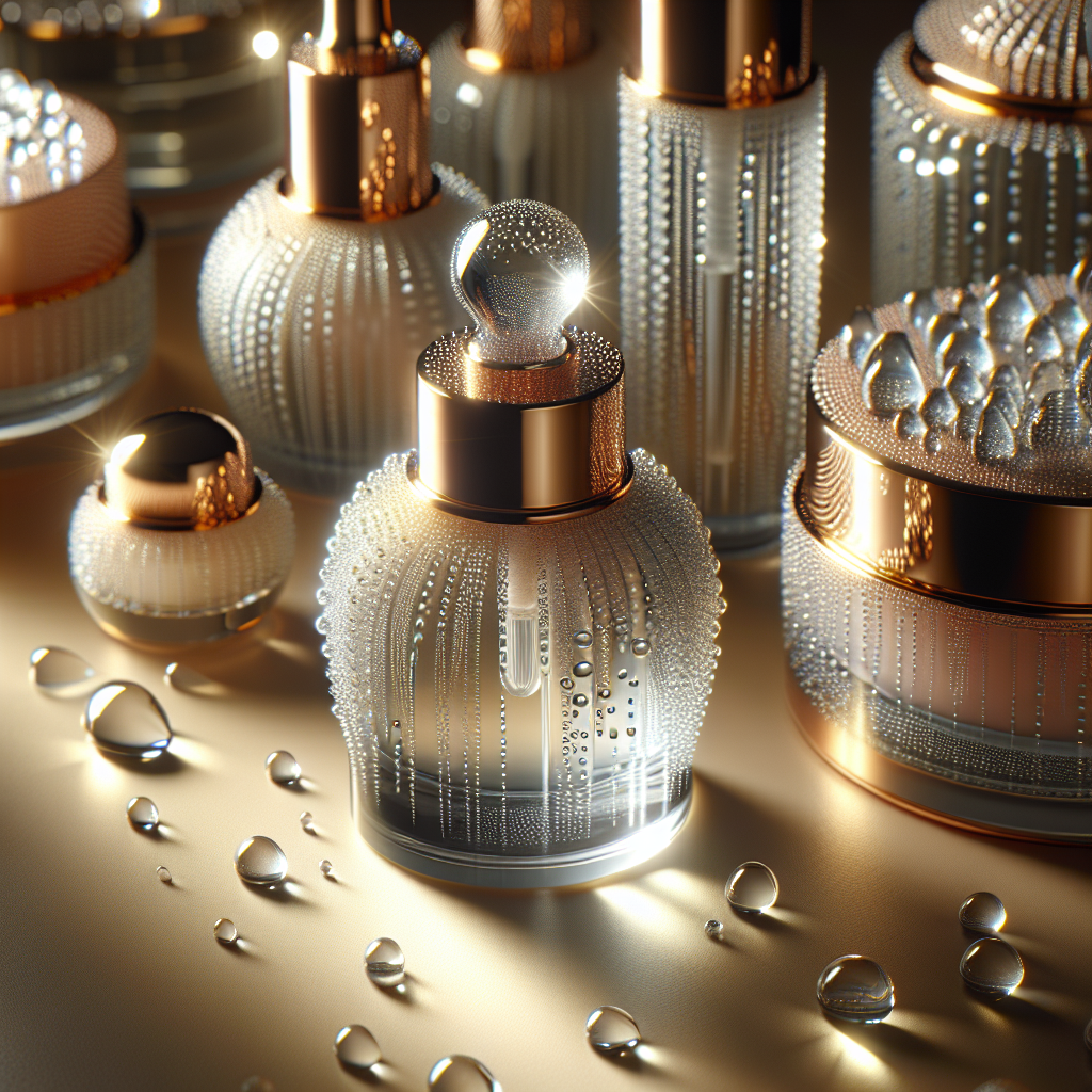 a close-up view of luxurious Hydrinity skincare products with glistening droplets on them