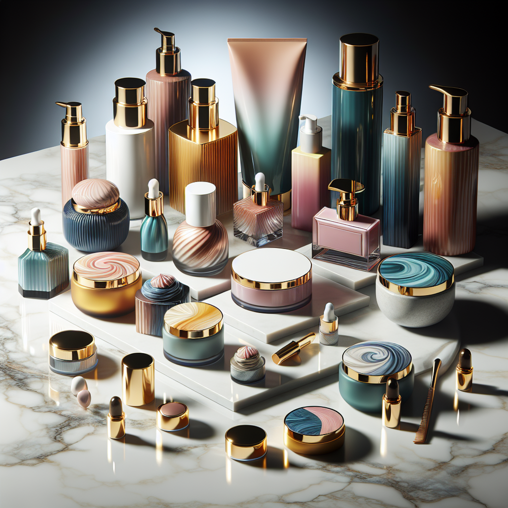 A luxurious flat lay of various Hydrinity skincare products on a marble countertop, showcasing vibrant packaging and textures.