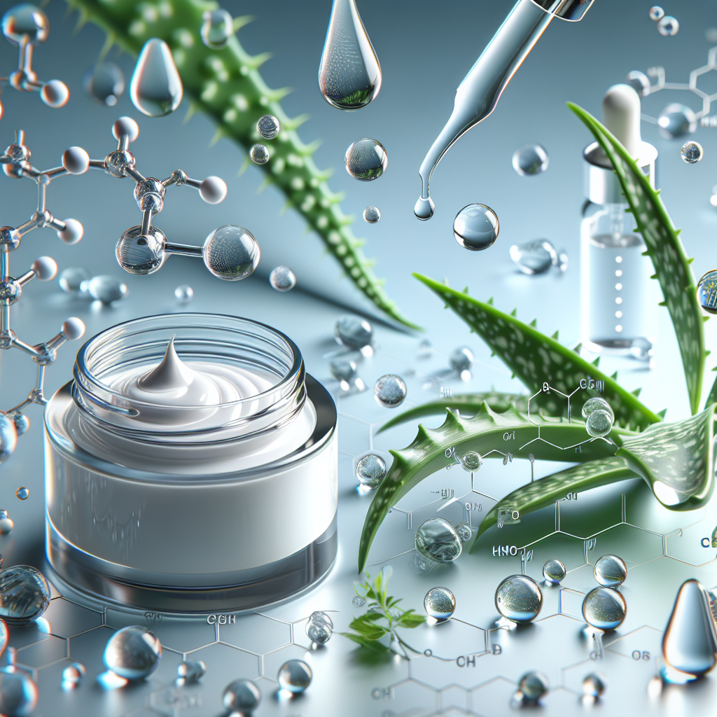 A close-up view of various skincare ingredients like hyaluronic acid droplets, aloe vera leaves, and peptide molecules visually represented