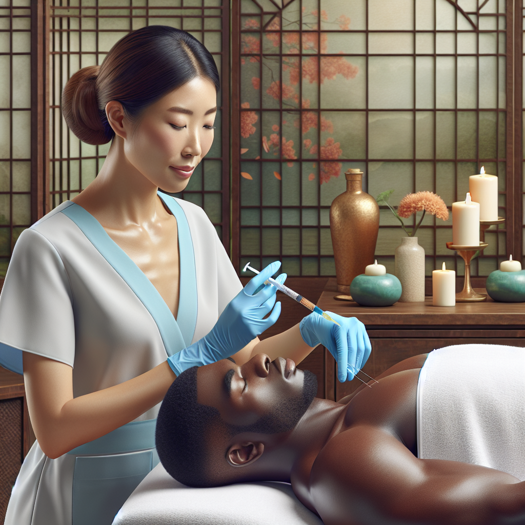 A vibrant spa setting showcasing a professional administering neurotoxin injections to a patient with a serene expression