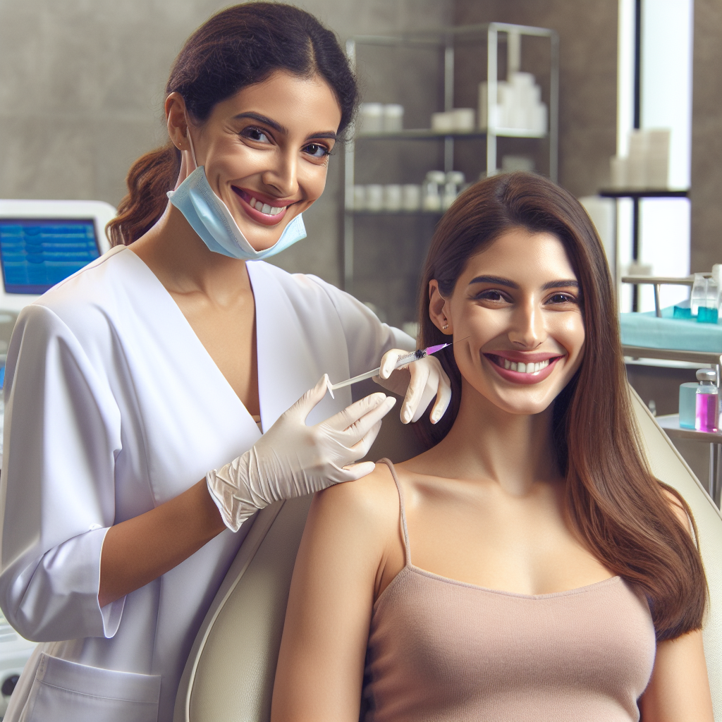 A smiling woman receiving neurotoxin injections from an aesthetic practitioner in a modern medspa setting