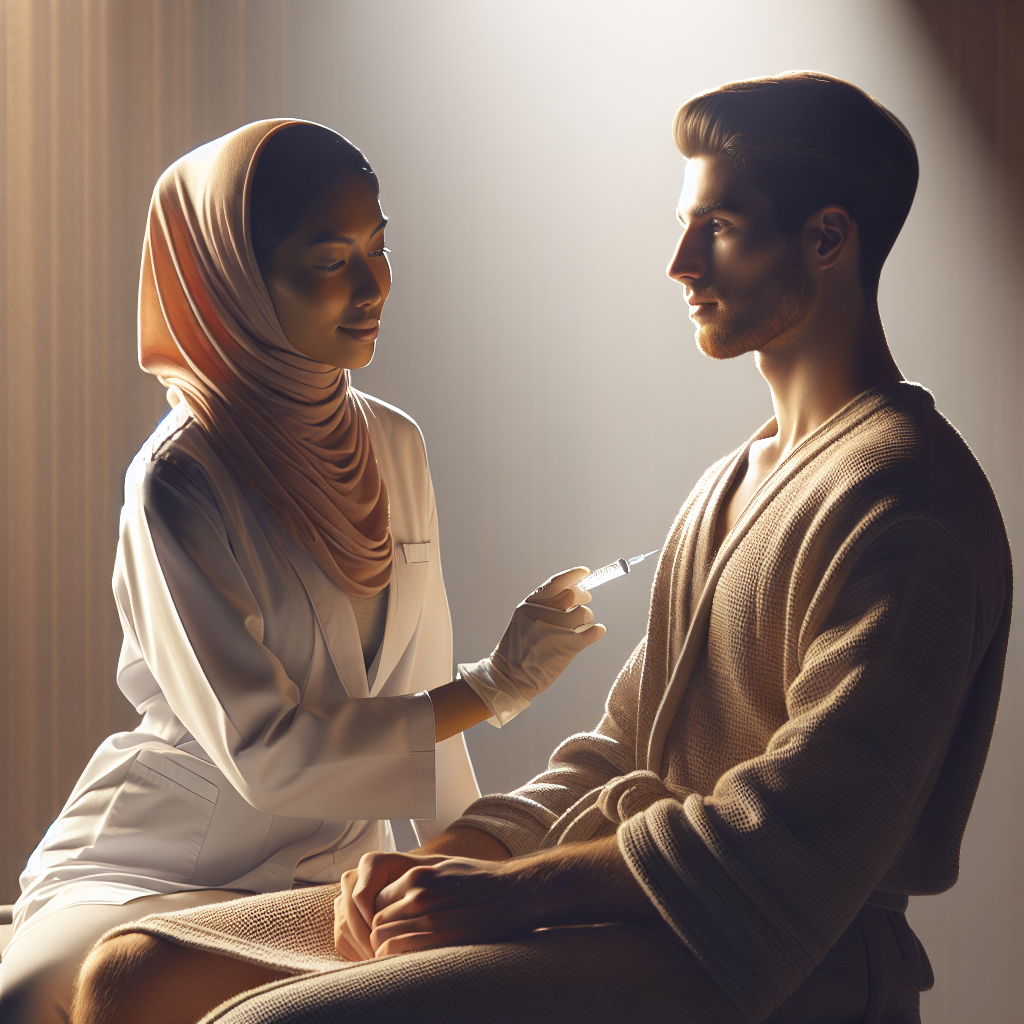 A serene spa environment with soft lighting showcasing a patient receiving aftercare guidance after neurotoxin injections