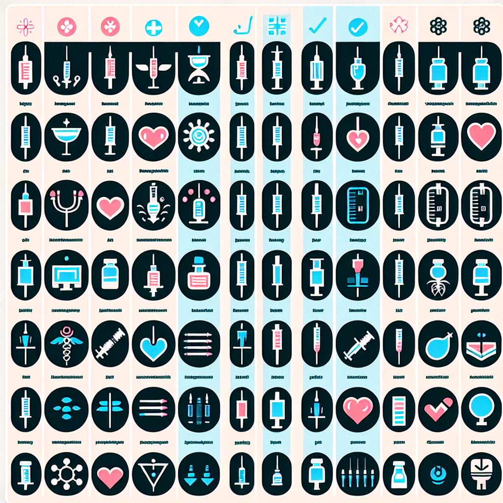 Aesthetic injectables comparison chart showing different neurotoxin brands with their benefits and features