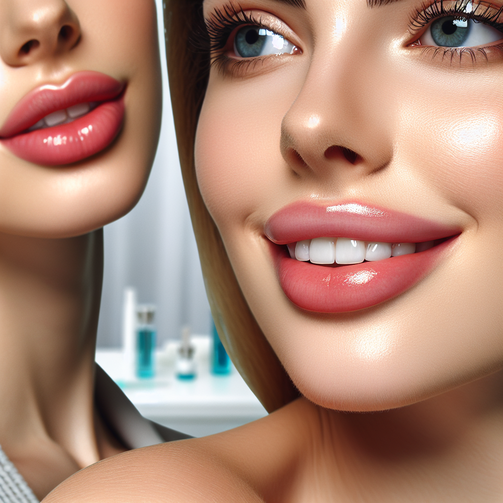 A close-up of two women smiling with natural-looking fuller lips in a modern aesthetic clinic setting