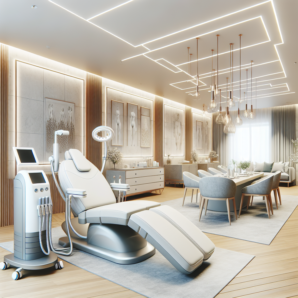 A modern medspa treatment room showcasing various non-surgical fat reduction equipment like CoolSculpting and laser lipo devices, with a soothing color palette and calming ambiance