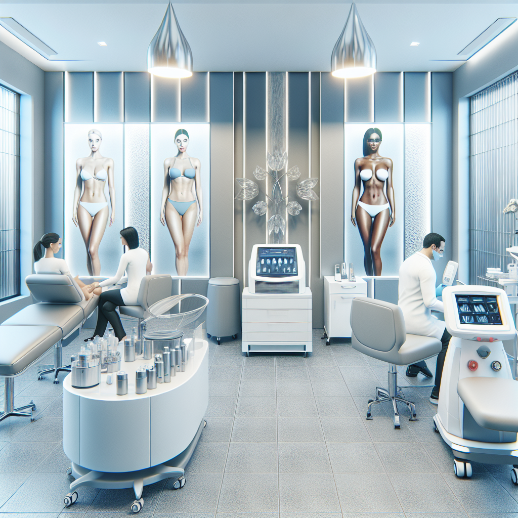 A modern aesthetic clinic with patients undergoing various innovative non-surgical body contouring treatments like CoolSculpting and Laser Lipo