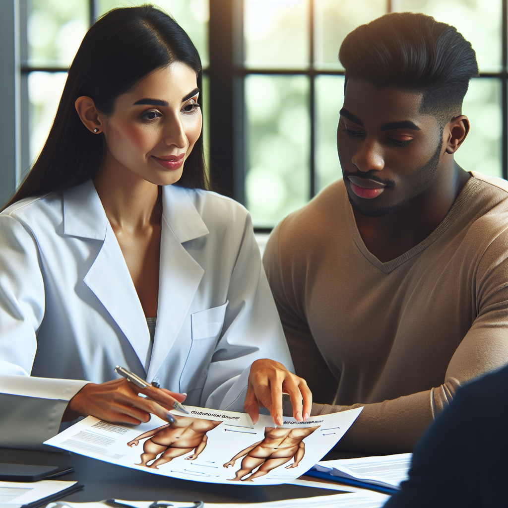 A professional consultation setting where a client discusses customized fat removal plans with an expert
