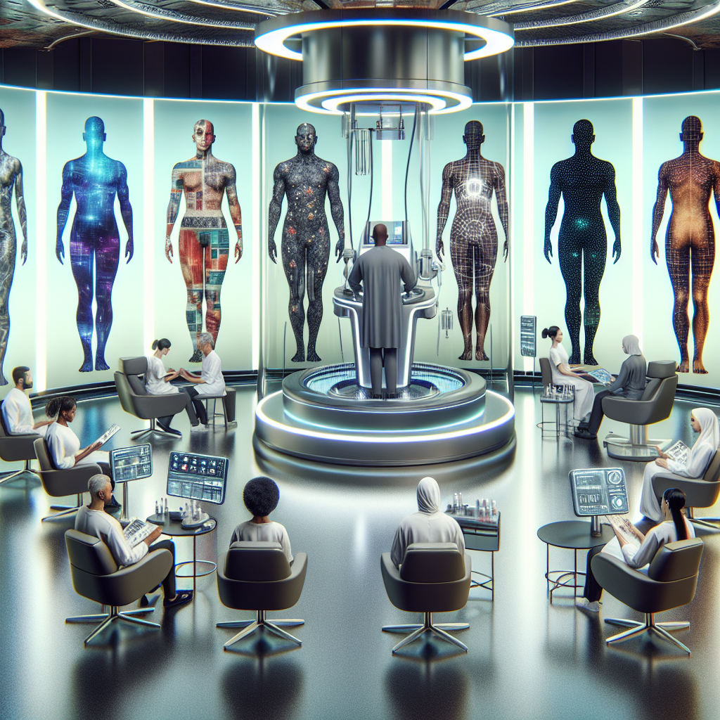 A futuristic medspa setting showcasing advanced body contouring technology with diverse clients receiving treatments