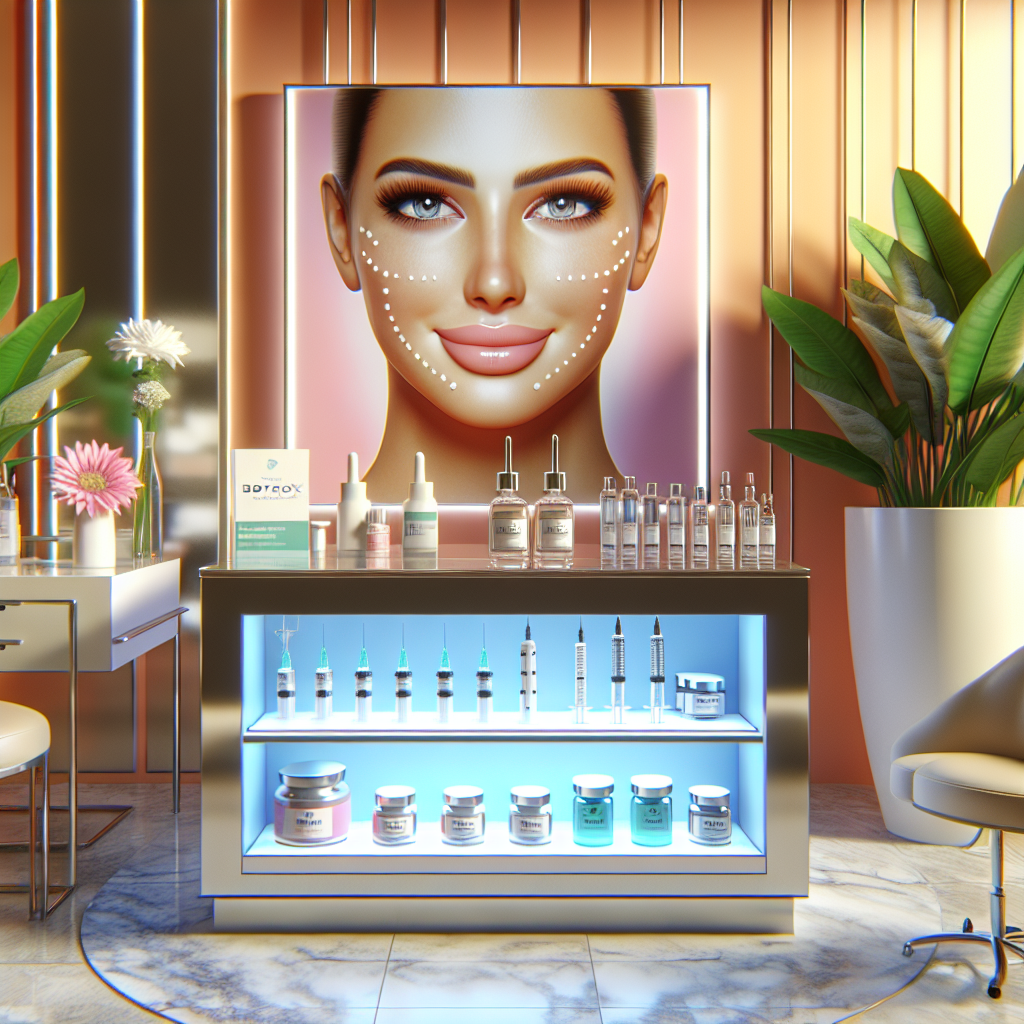 A vibrant and inviting aesthetic clinic showcasing various facial injectable products like Botox and dermal fillers on display