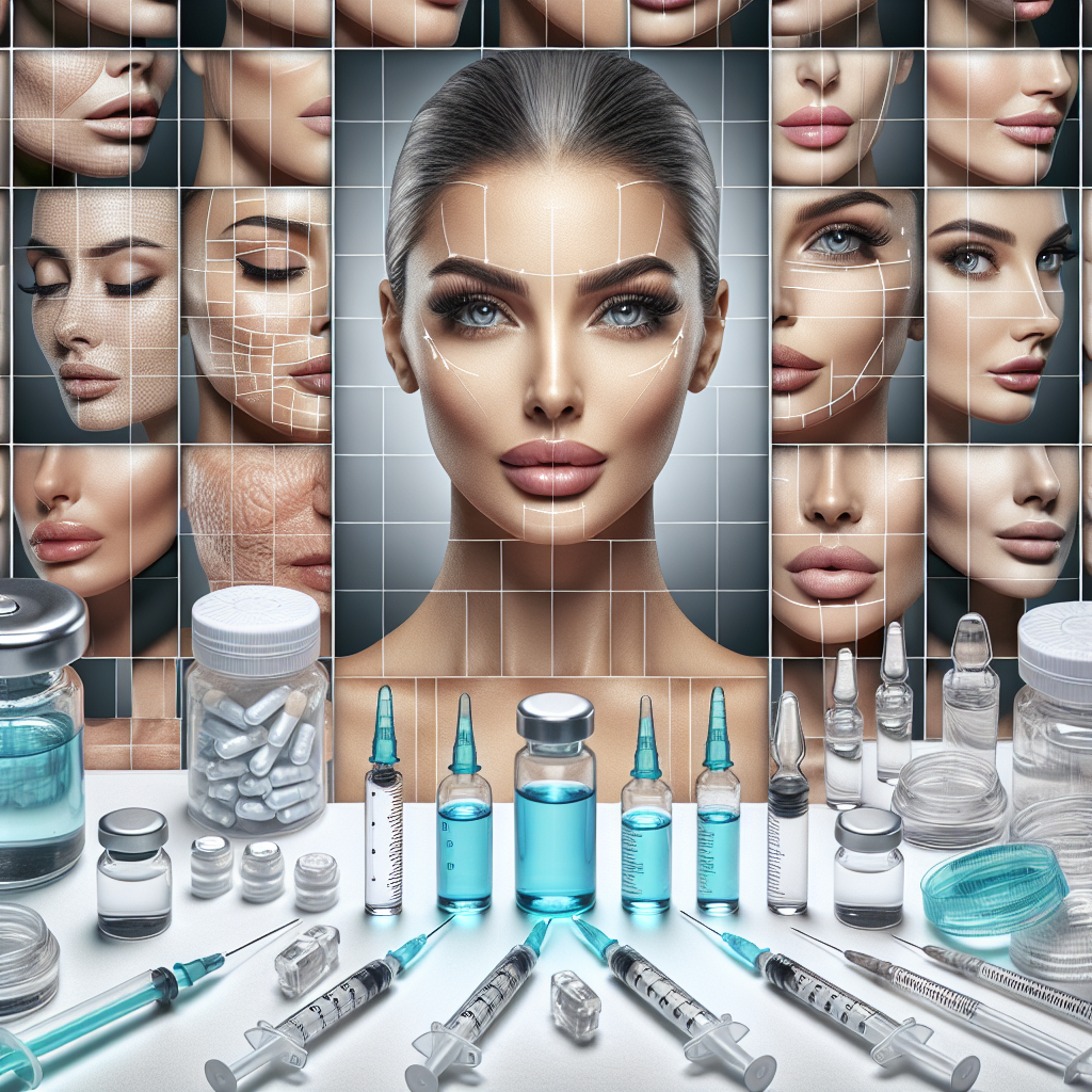 A vibrant collage showcasing various types of facial injectables including Botox vials, dermal fillers syringes, and before-and-after photos